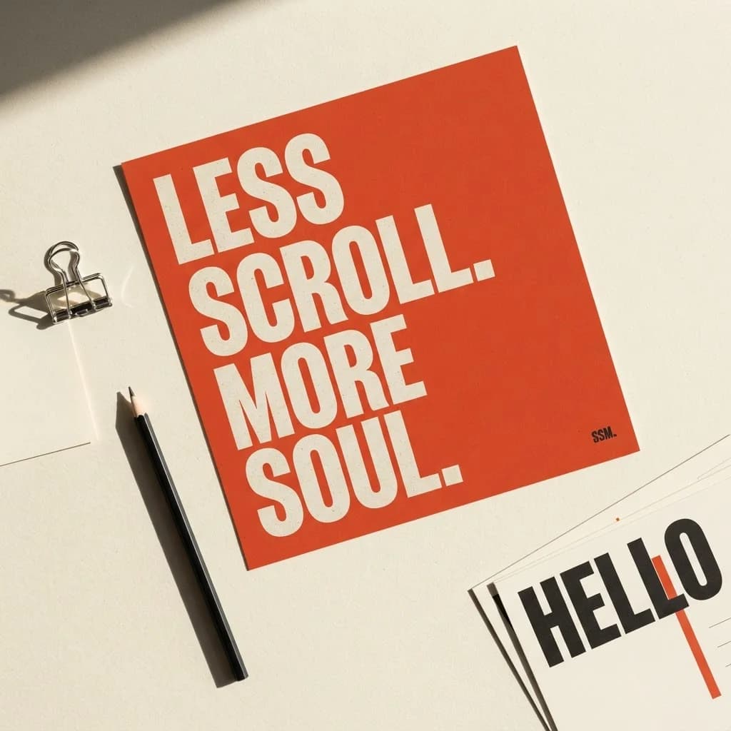 SSM print concept featuring vermilion campaign artwork and cream branded stationery